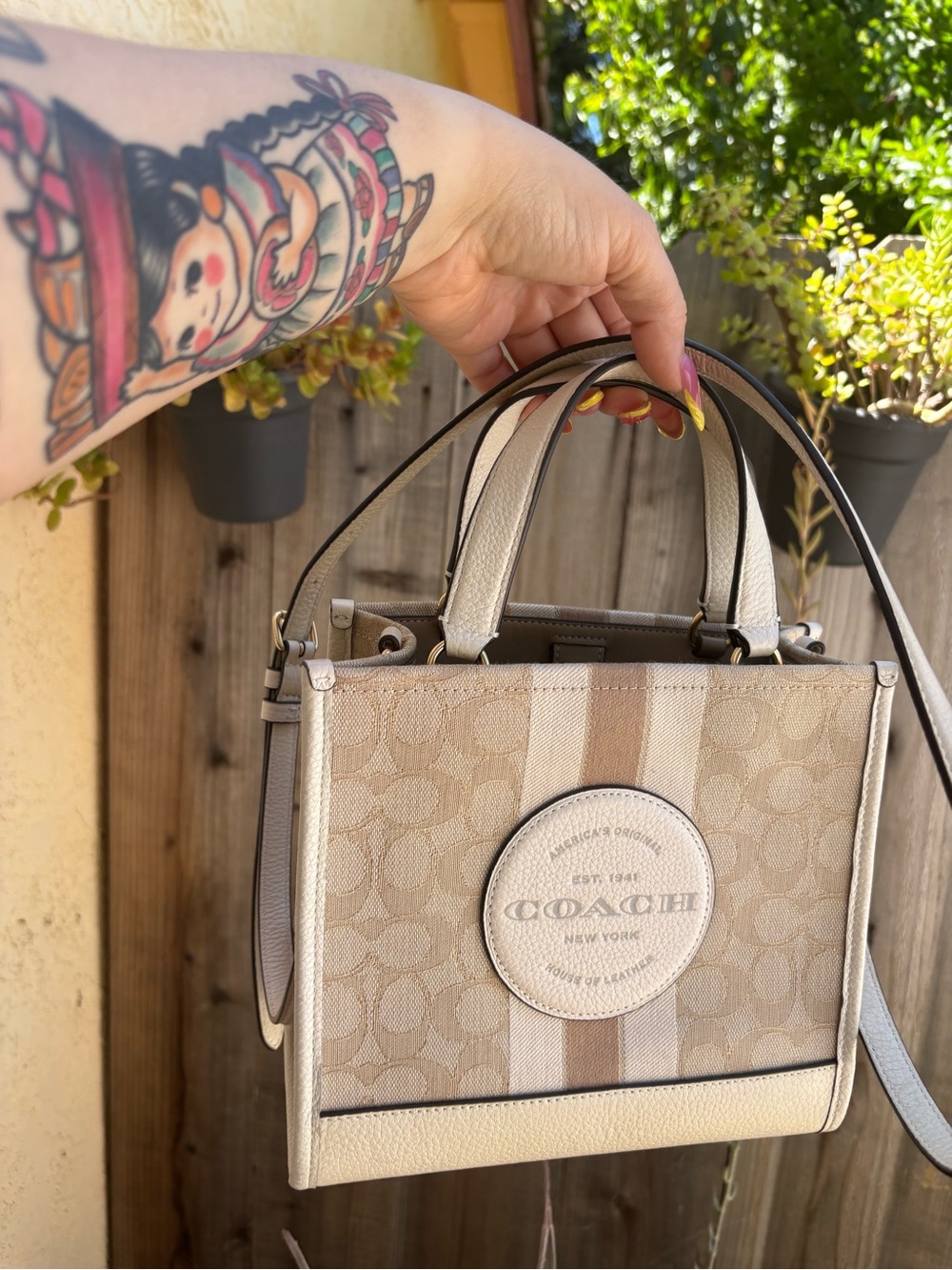Coach Beige Signature Canvas Satchel with Stripe Detail